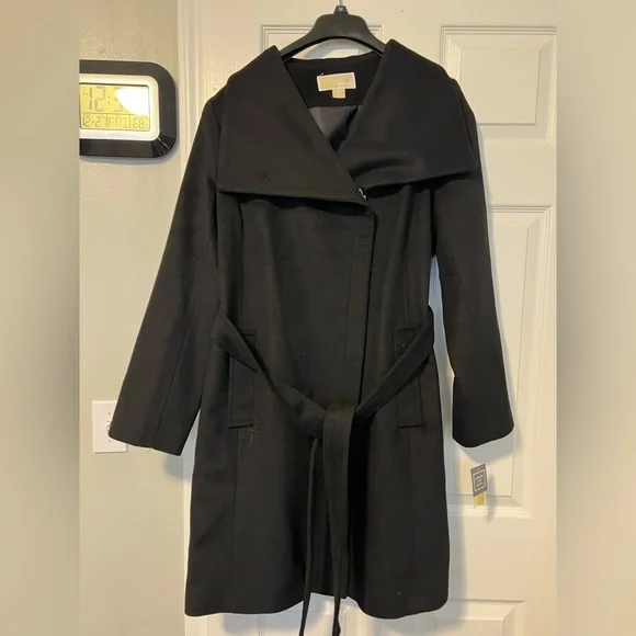 Michael Kors Women’s Black Asymmetrical Belted Wrap Coat - Picture 1 of 5